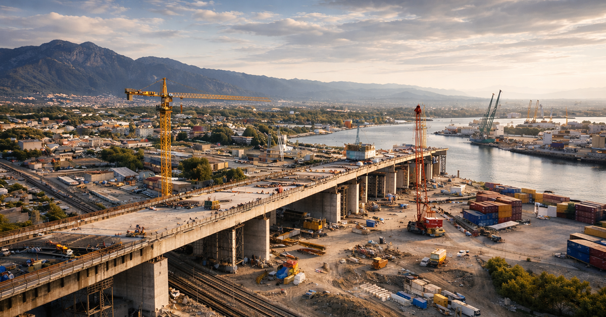 Vista aerea di un cantiere portuale con gru, container e un ponte in costruzione